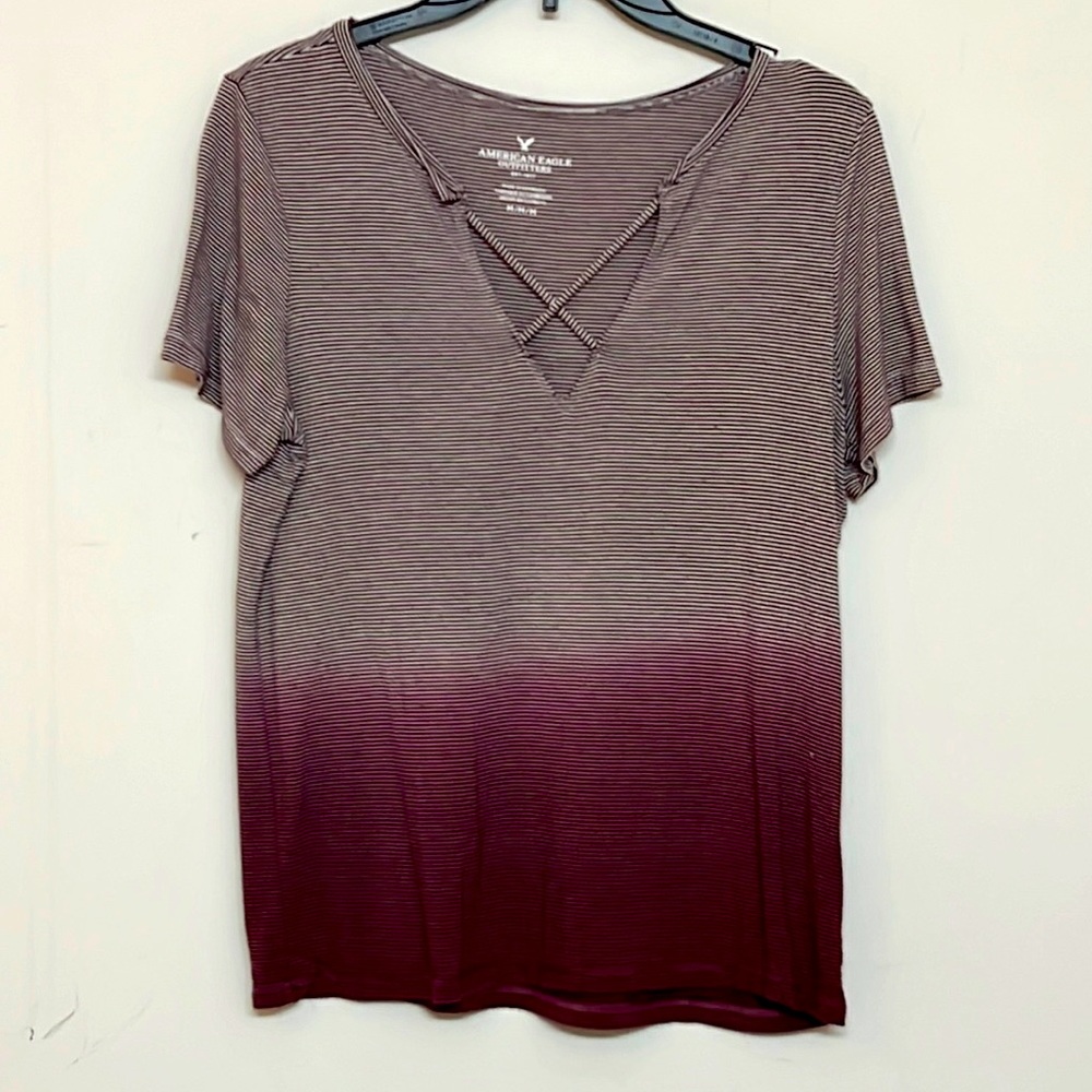 🌞 American Eagle Outfitters soft sexy v-neck cross striped Ombre dipdyed women M